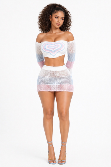 Heartbreaker - Women's Color Block Knit Off Shoulder Long Sleeve Matching Mini Skirt Set