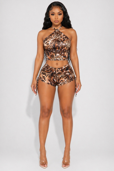 Women Leopard Print Short Set Halter Crop Top Ruched Shorts Two Piece Outfit - Wild Side Energy