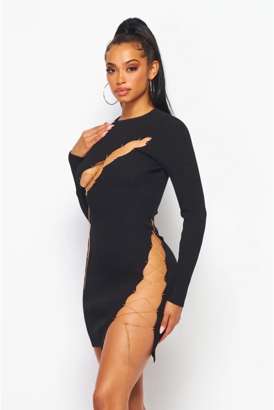 The Night Is Young......Long Sleeve Chain Detail Dress May Pink Clothing