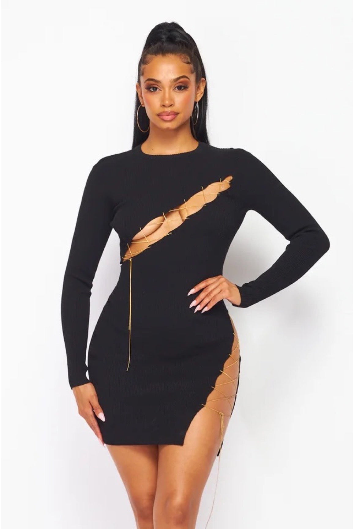 The Night Is Young......Long Sleeve Chain Detail Dress May Pink Clothing