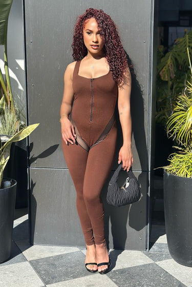 Time Is Ticking - Sleeveless High Stretch Mesh Detail Cut Out Jumpsuit