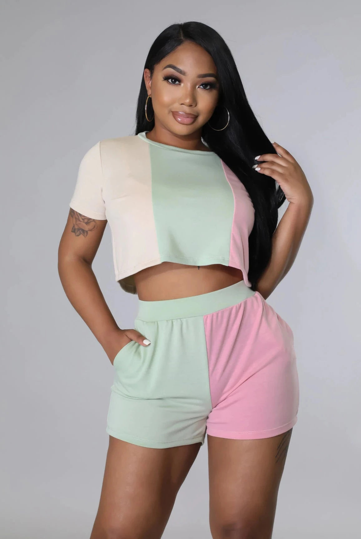 Always....Color Block Short Sleeve Short Set Good Time USA