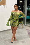Catch a Vibe......Off Shoulder Print Mesh Dress