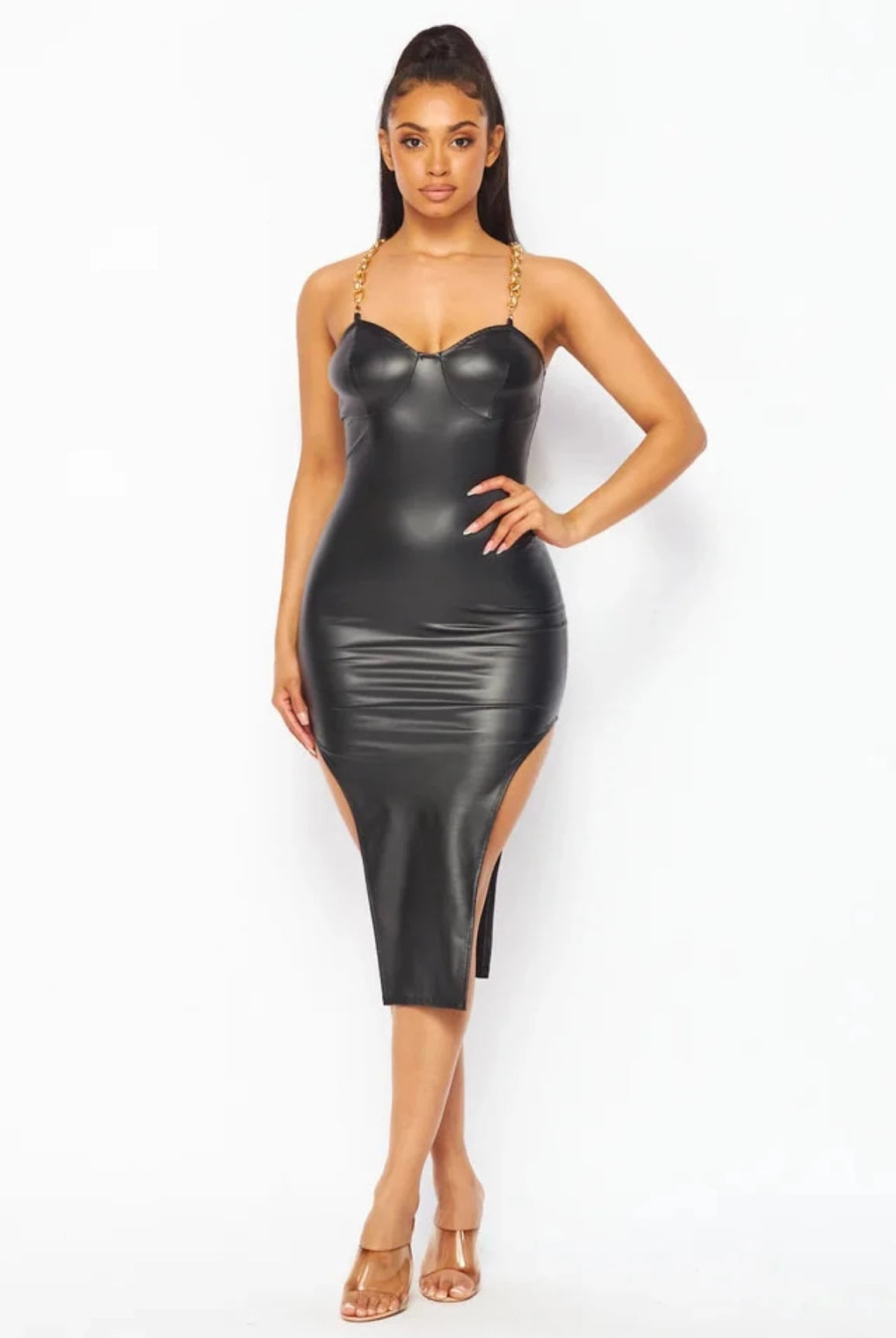 Gold Chain Leather Strap Dress